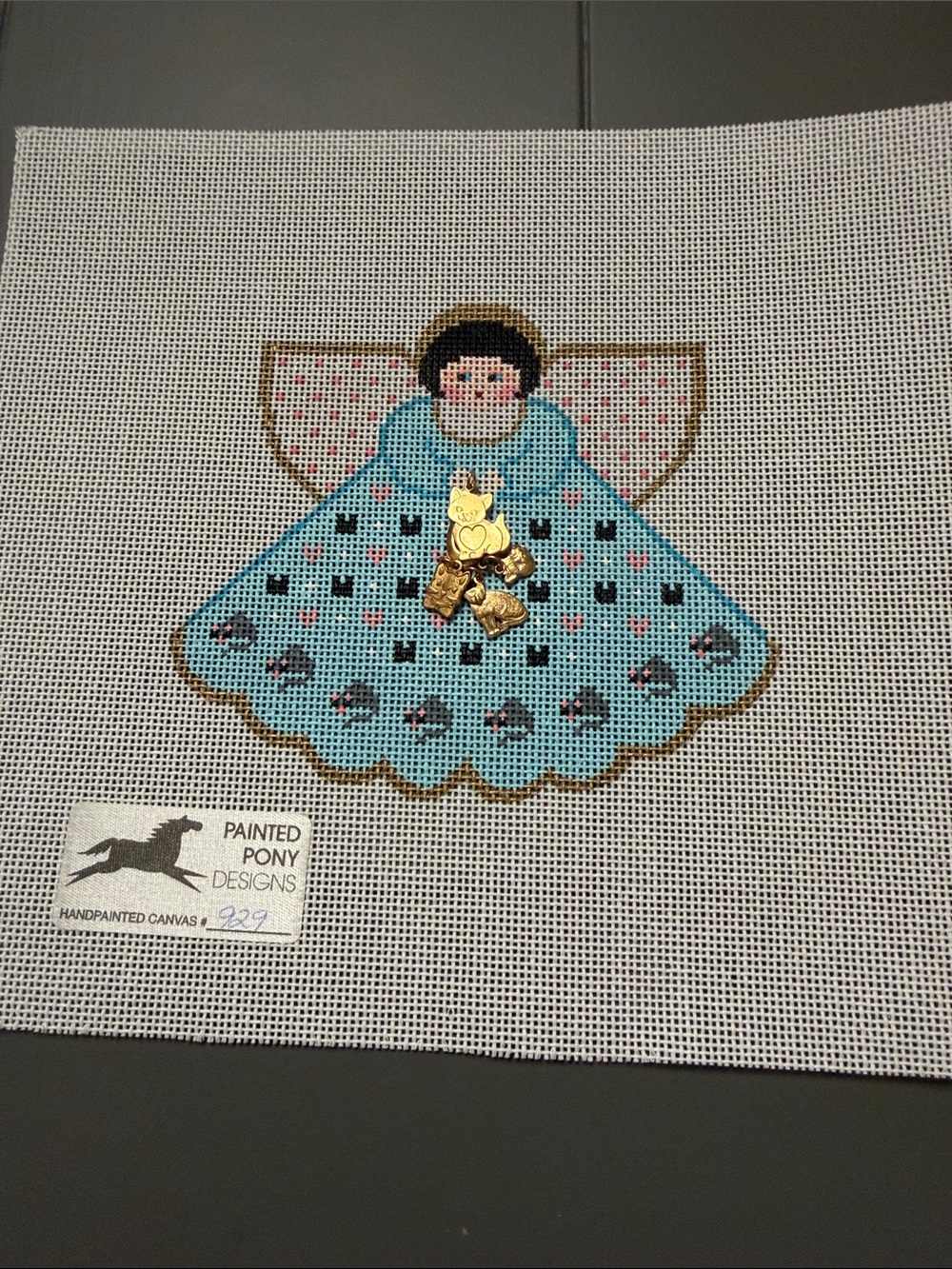 Hand-painted needlepoint canvas “I Love Cats Angel" by Debbie Woodard 🐈‍⬛